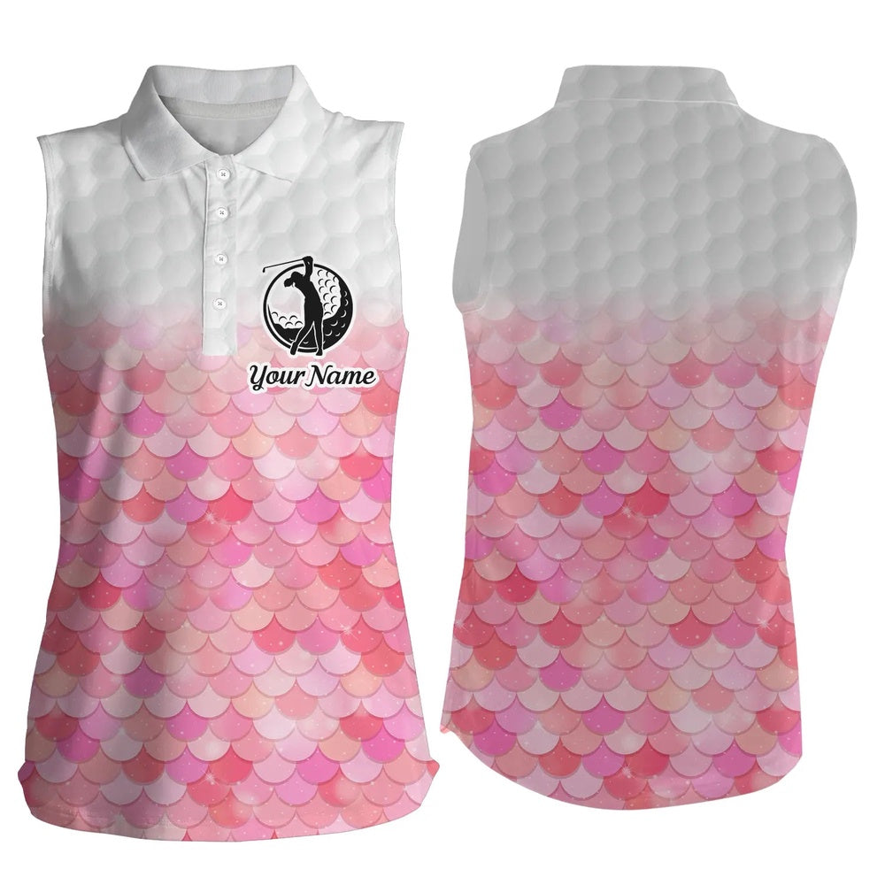 Womens Sleeveless Polo Shirt Pink Mermaid Scales Custom Name Pattern Golf Shirts, Ladies Golf Tops, Women Golf Shirts