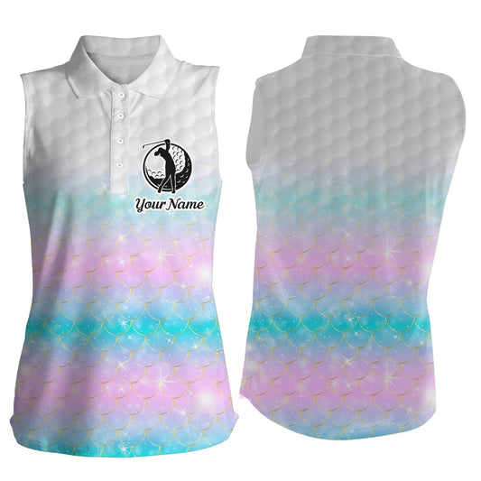 Womens Sleeveless Polo Shirt Rainbow Mermaid Scales Custom Name Pattern Golf Shirts, Ladies Golf Tops, Women Golf Shirts