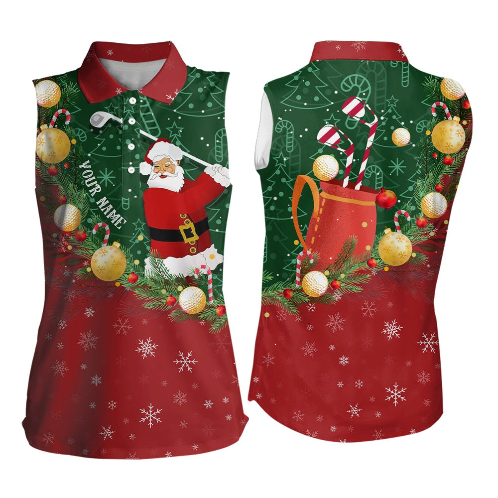 Womens Sleeveless Polo Shirt Santa Playing Golf Red Green Christmas Custom Women Golf Tops Golf Gifts, Women Golf Shirts