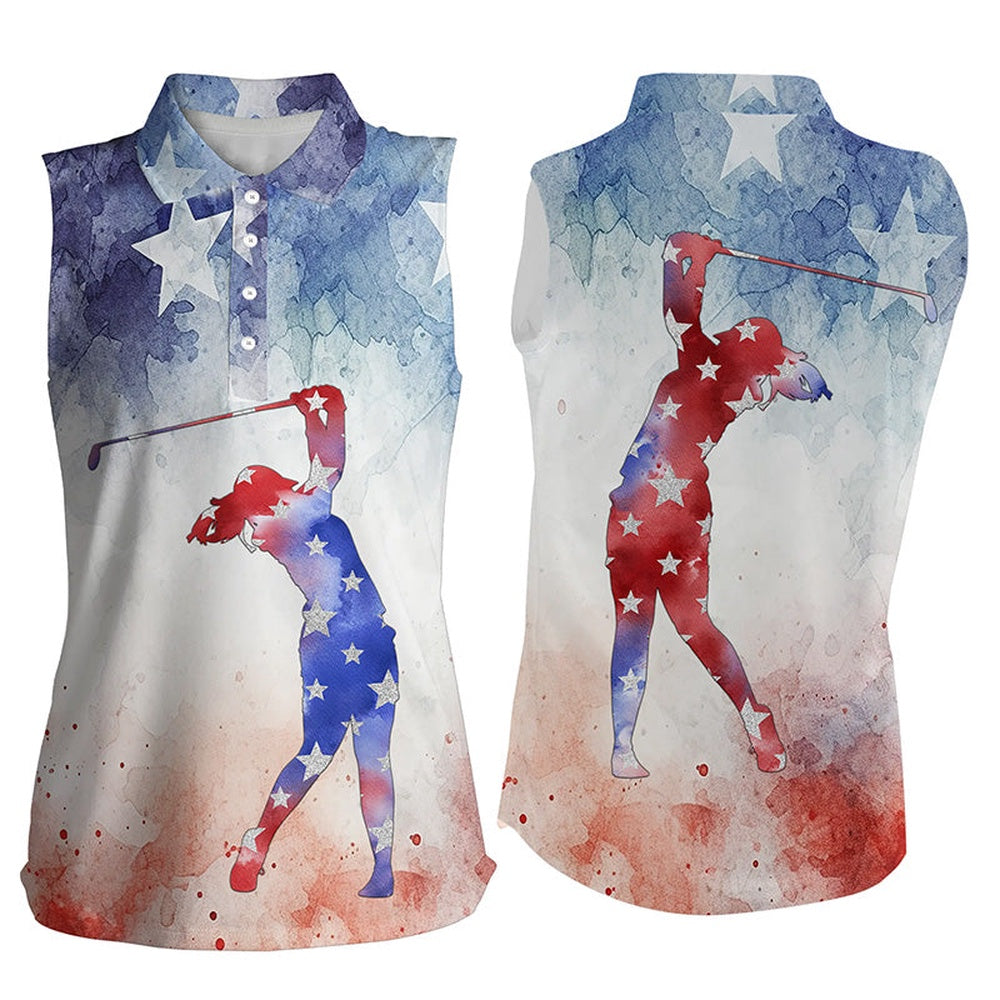 Womens Sleeveless Polo Shirt Watercolor American Flag Patriotic Golf Gifts For Ladies, Women Golf Shirts