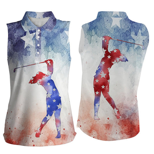 Womens Sleeveless Polo Shirt Watercolor American Flag Patriotic Golf Gifts For Ladies, Women Golf Shirts