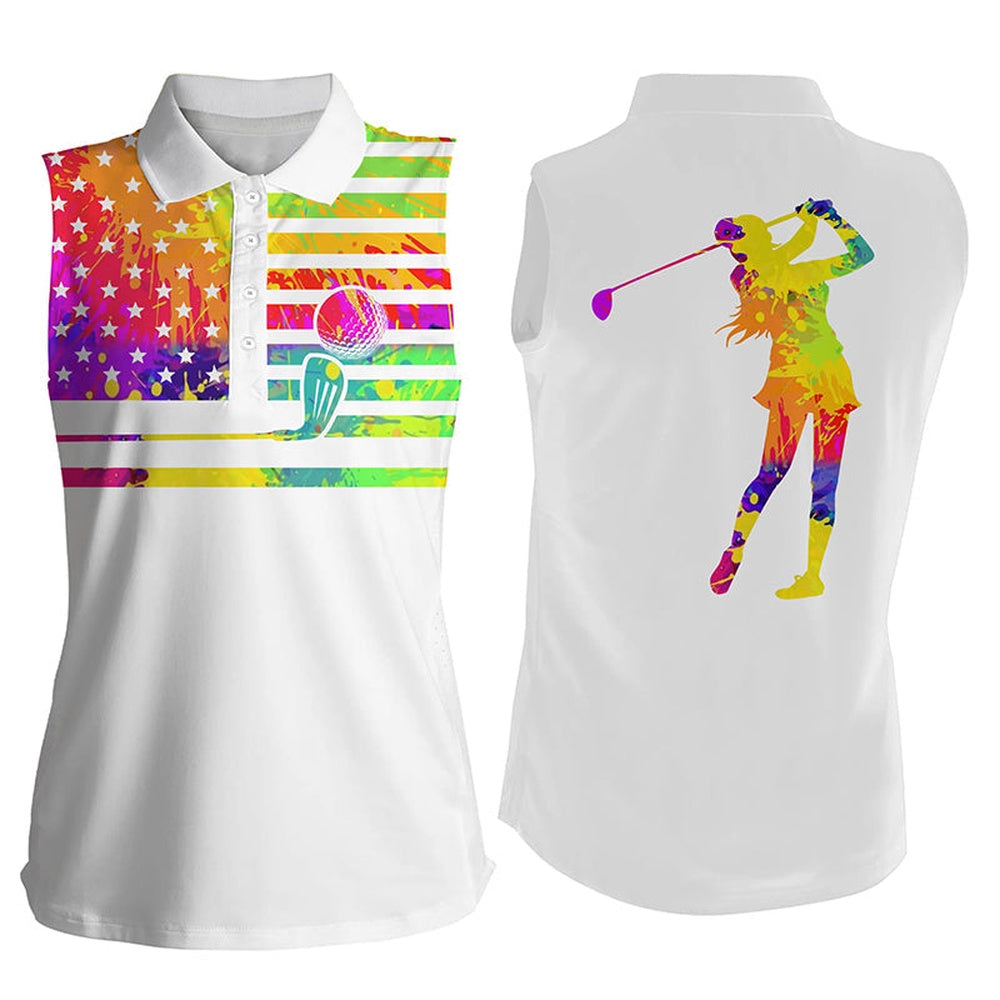 Womens Sleeveless Polo Shirt Watercolor American Flag White Golf Shirt, Women Golf Shirts