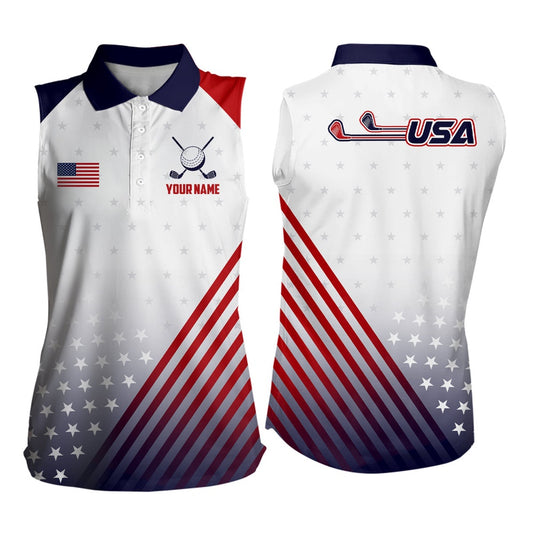Womens Sleeveless Polo Shirts American Flag Custom Patriotic Team Golf Shirts For Ladies, Women Golf Shirts