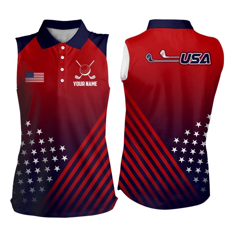 Womens Sleeveless Polo Shirts American Flag Patriotic Custom Red And Navy Golf Shirts For Ladies, Women Golf Shirts