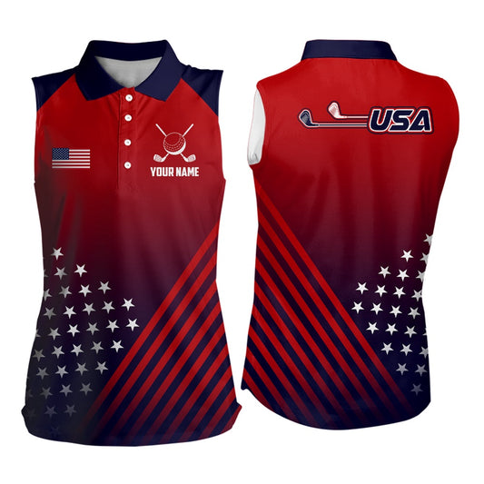 Womens Sleeveless Polo Shirts American Flag Patriotic Custom Red And Navy Golf Shirts For Ladies, Women Golf Shirts