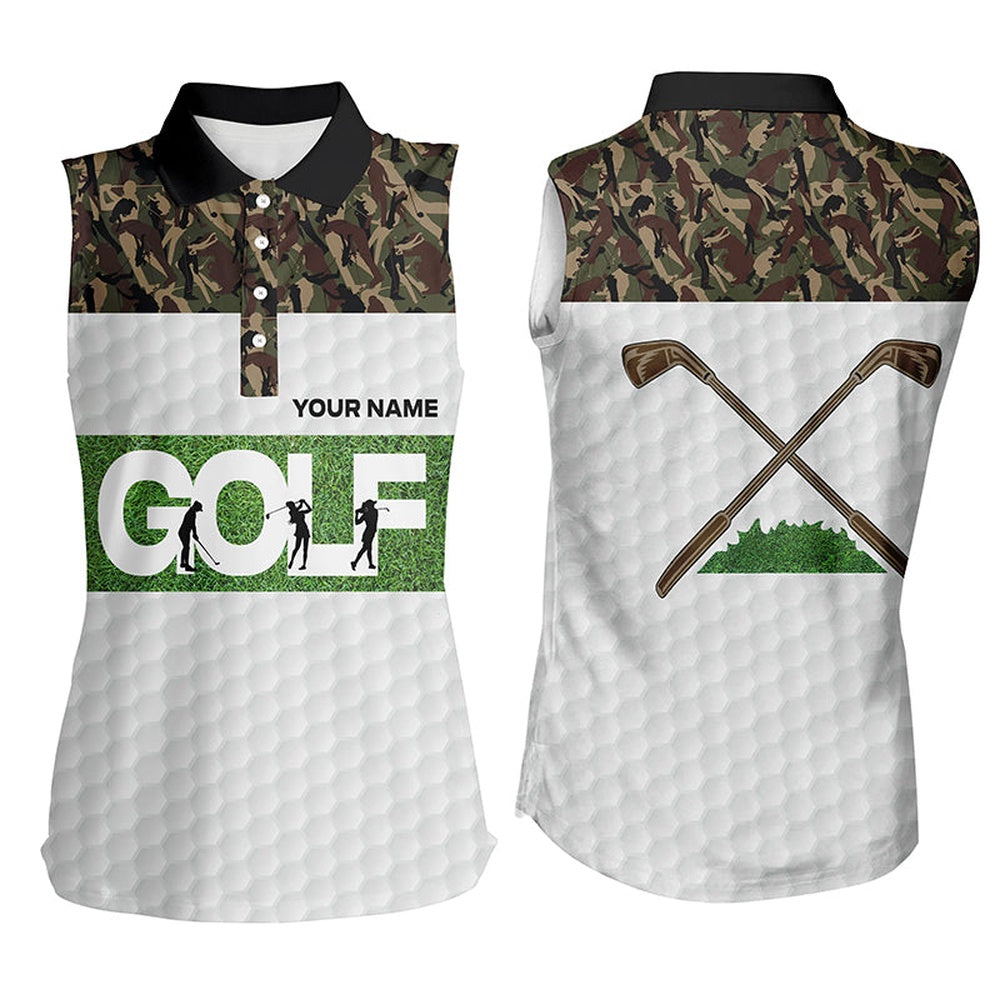 Womens Sleeveless Polo Shirts Custom Green Camo Golf Tops Personalized Golf Gifts, Women Golf Shirts