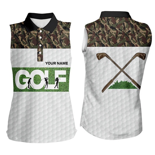 Womens Sleeveless Polo Shirts Custom Green Camo Golf Tops Personalized Golf Gifts, Women Golf Shirts