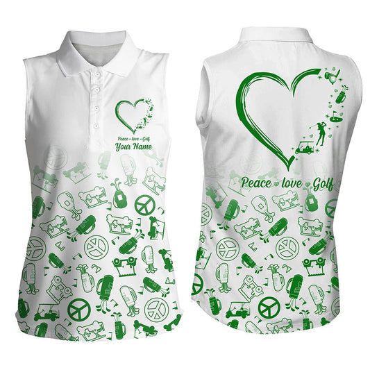 Womens Sleeveless Polo Shirts Custom Green Heart Peace Love Golf, Personalized Golf Shirts, Women Golf Shirts