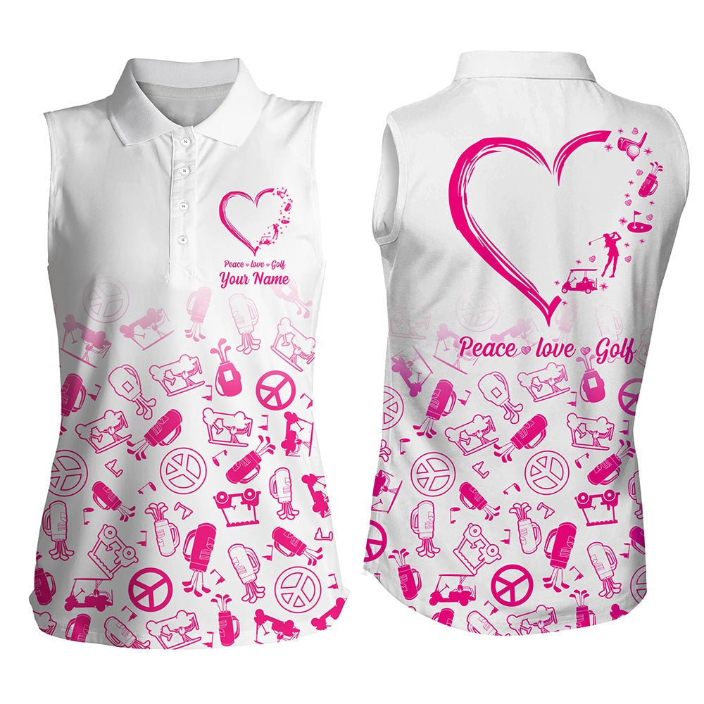 Womens Sleeveless Polo Shirts Custom Pink Heart Peace Love Golf, Personalized Golf Shirts, Women Golf Shirts