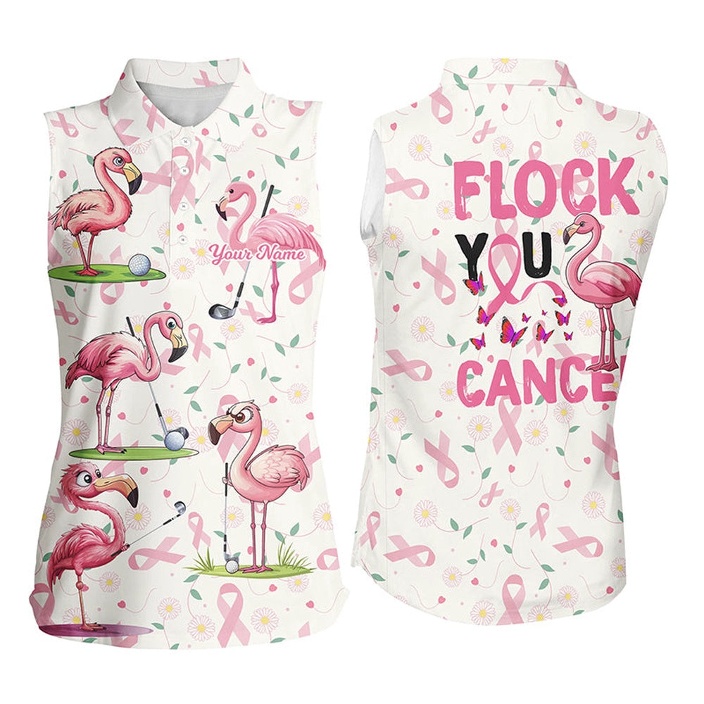Womens Sleeveless Polo Shirts Custom Pink Ribbons Breast Cancer Flamingo Golf Shirts Flock You Cancer, Women Golf Shirts