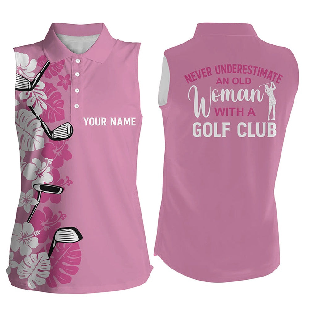 Womens Sleeveless Polo Shirts Custom Pink Tropical Golf Clubs An Old Woman With A Golf Clubs, Women Golf Shirts