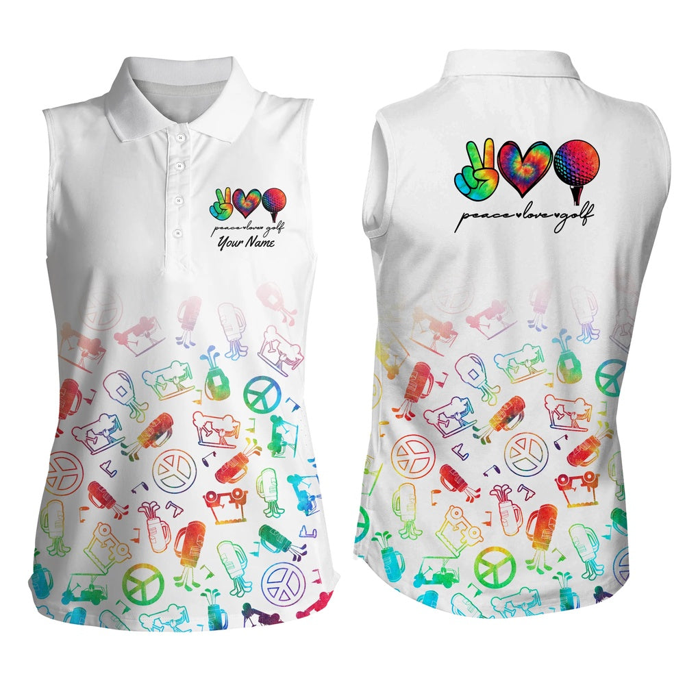 Womens Sleeveless Polo Shirts Custom Watercolor Peace Love Golf, Personalized Golf Shirt, Women Golf Shirts