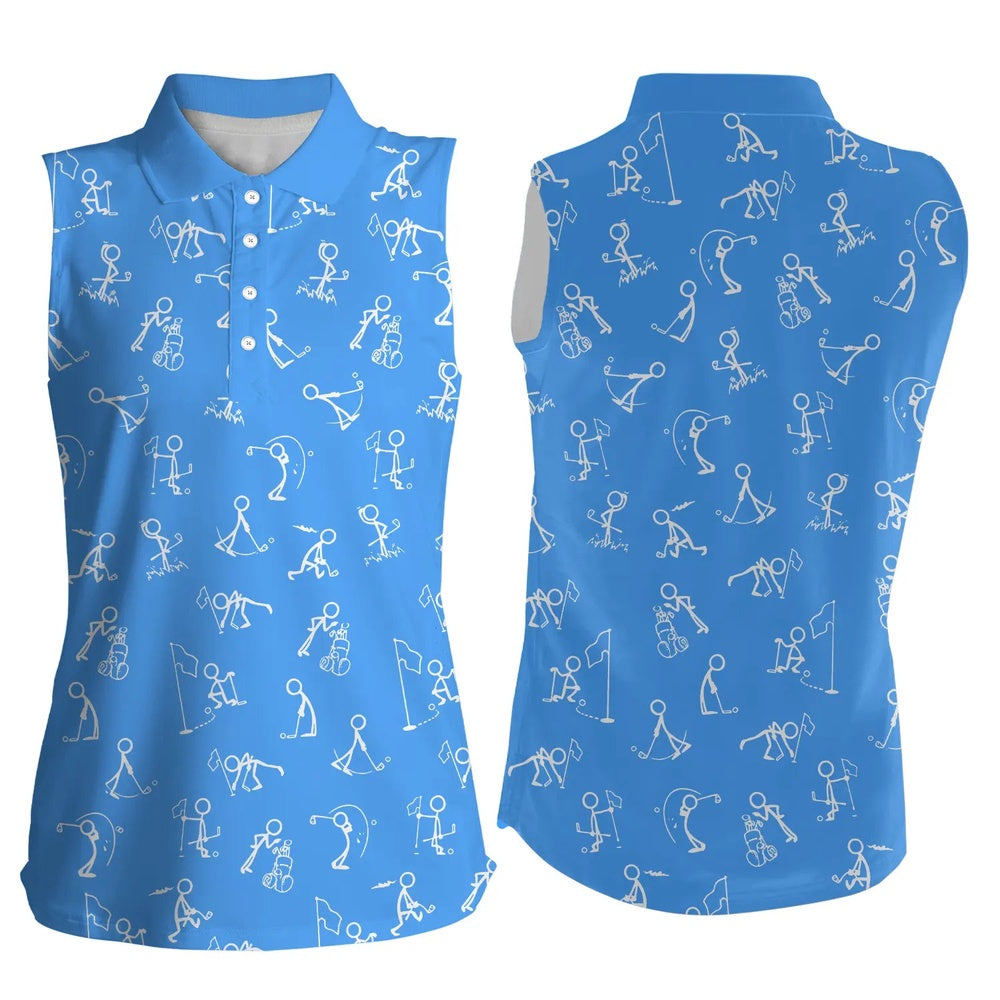 Womens Sleeveless Polo Shirts Funny Golf Pattern Blue Polo Shirt Best Womens Golf Wear, Women Golf Shirts