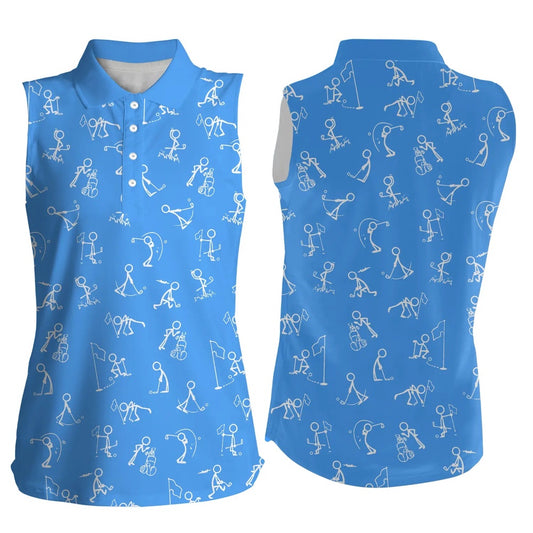Womens Sleeveless Polo Shirts Funny Golf Pattern Blue Polo Shirt Best Womens Golf Wear, Women Golf Shirts