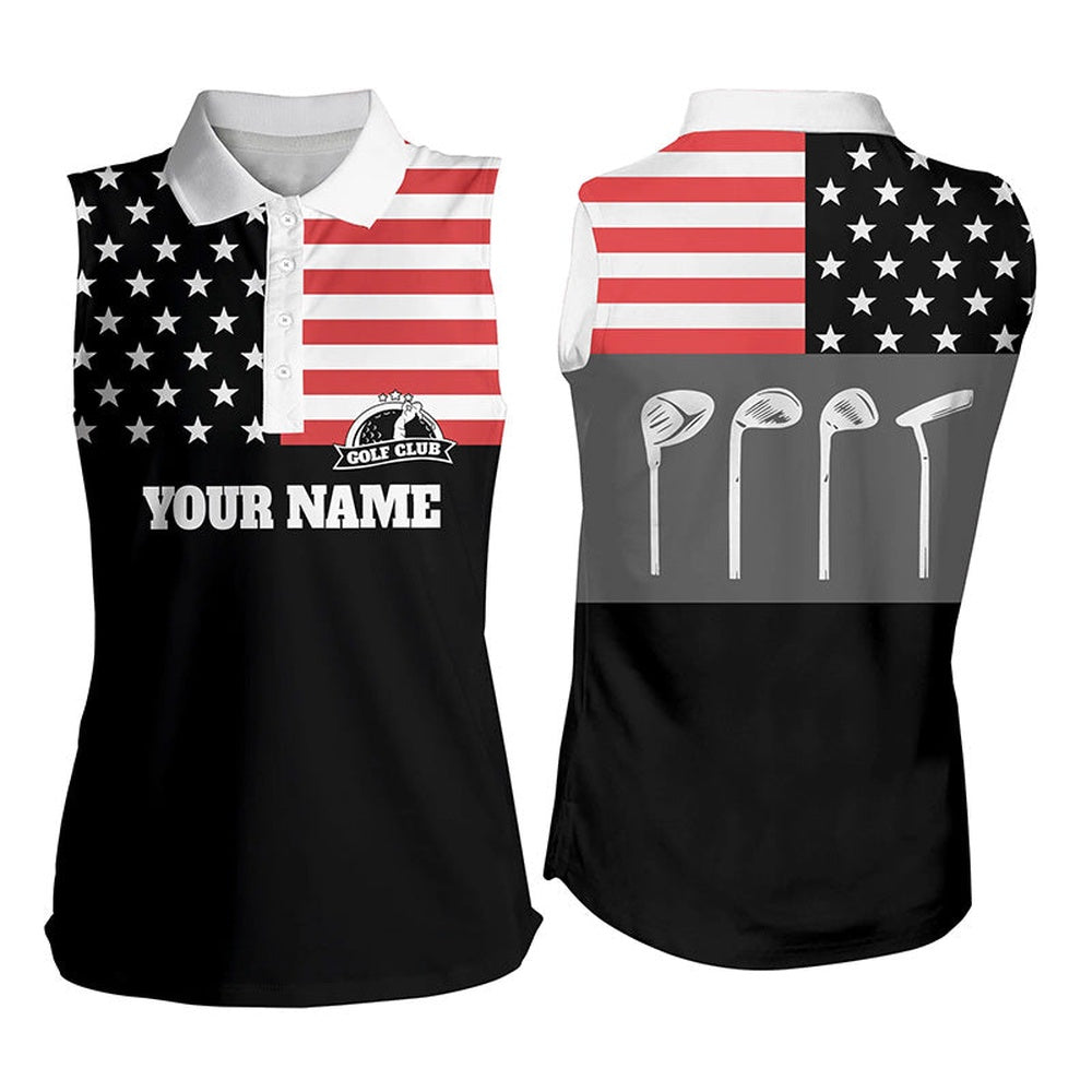 Womens Sleeveless Polo Shirts Golf Club American Flag Patriot Golf Custom Name Black Golf Shirt, Women Golf Shirts