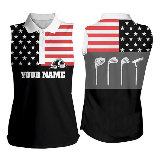 Womens Sleeveless Polo Shirts Golf Club American Flag Patriot Golf Custom Name Black Golf Shirt, Women Golf Shirts