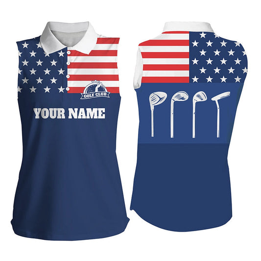 Womens Sleeveless Polo Shirts Golf Club American Flag Patriot Golf Custom Name Blue Golf Shirt, Women Golf Shirts