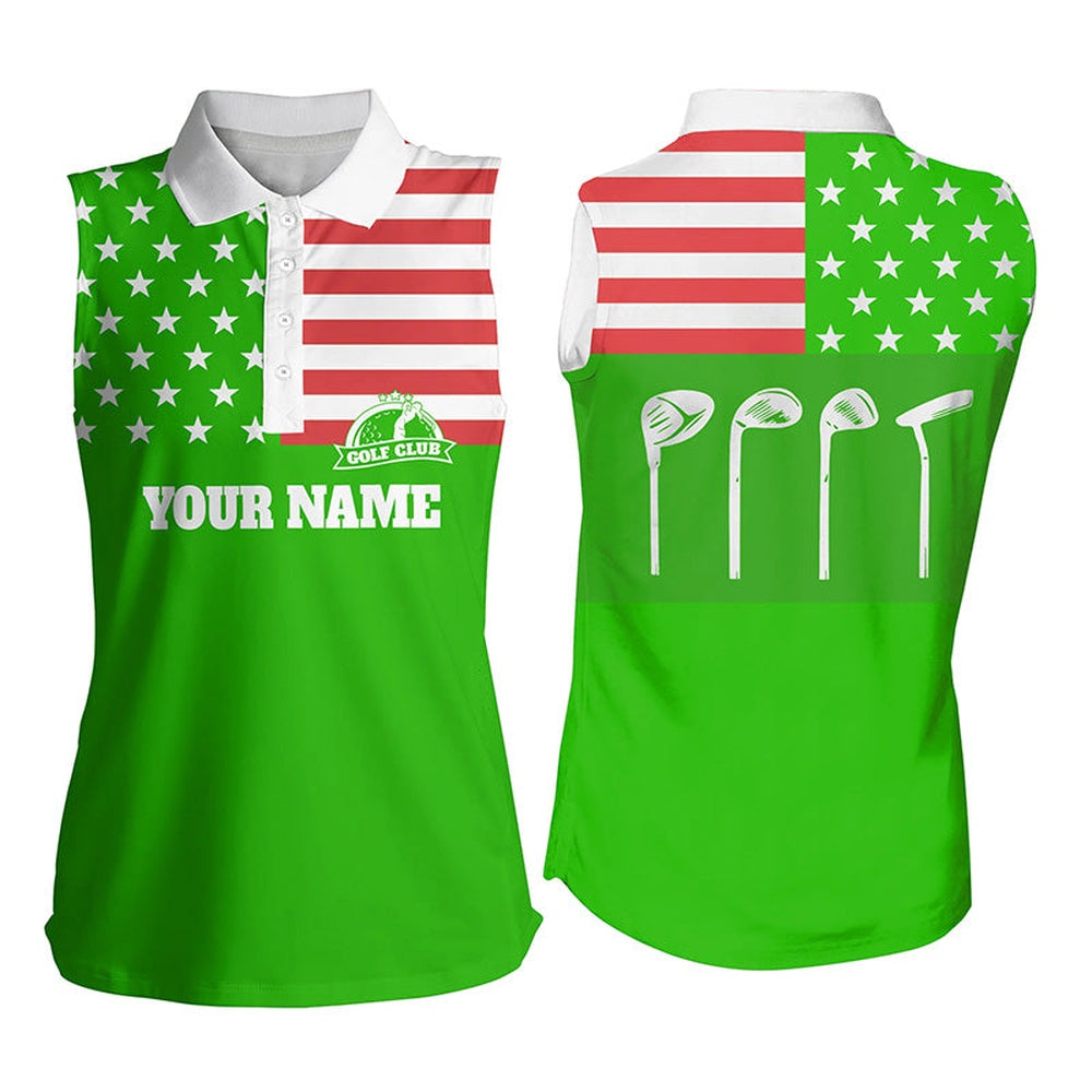 Womens Sleeveless Polo Shirts Golf Club American Flag Patriot Golf Custom Name Green Golf Shirt, Women Golf Shirts