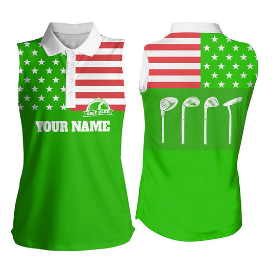 Womens Sleeveless Polo Shirts Golf Club American Flag Patriot Golf Custom Name Green Golf Shirt, Women Golf Shirts