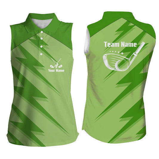 Womens Sleeveless Polo Shirts Green Lightning Custom Name And Team Name Golf Shirt, Golfing Gifts, Women Golf Shirts
