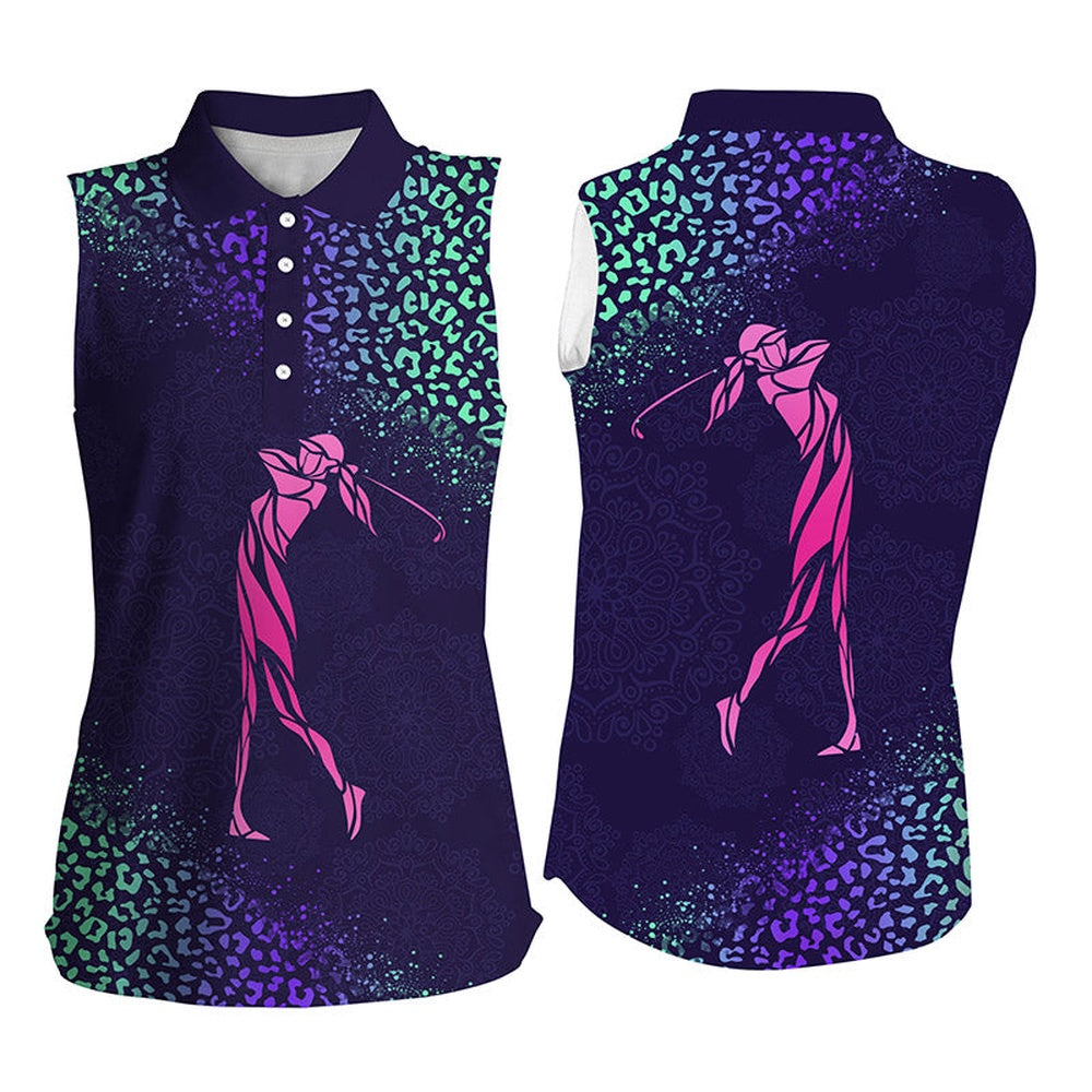 Womens Sleeveless Polo Shirts Purple Gradient Leopard Women Golf Club Gifts For Golf Lovers, Women Golf Shirts