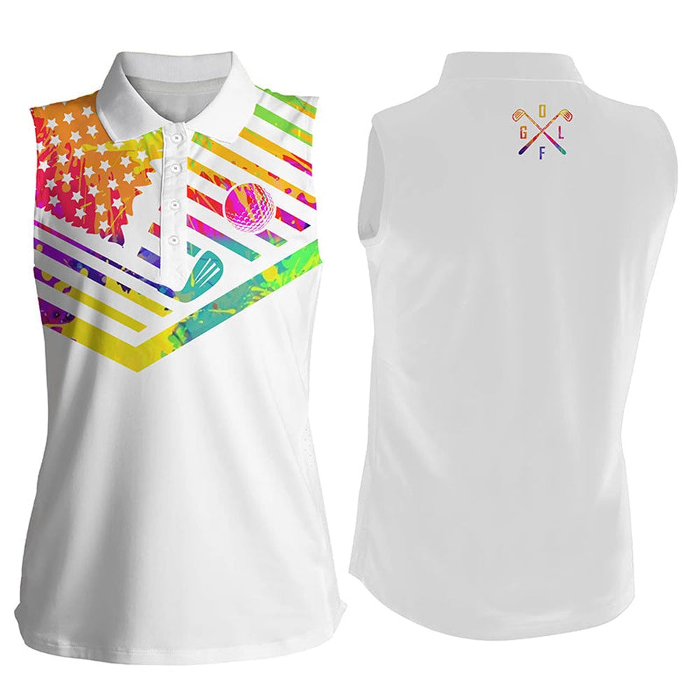 Womens Sleeveless Polo Shirts Watercolor American Flag Patriot Tap That White Golf Shirt, Women Golf Shirts