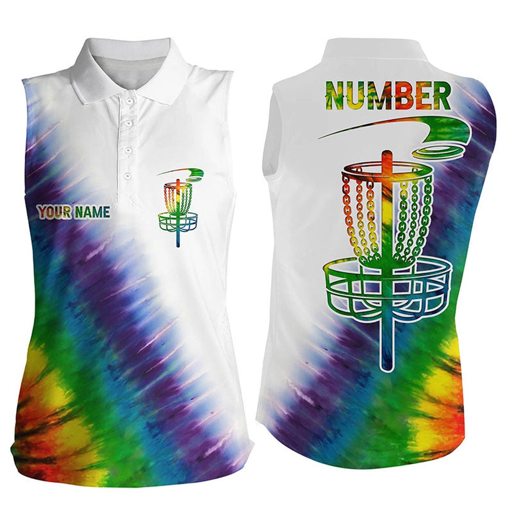 Womens Sleeveless Polo Shirts With Colorful Rainbow Tie Die Disc Golf Basket Custom Disc Golf Apparel, Women Golf Shirts