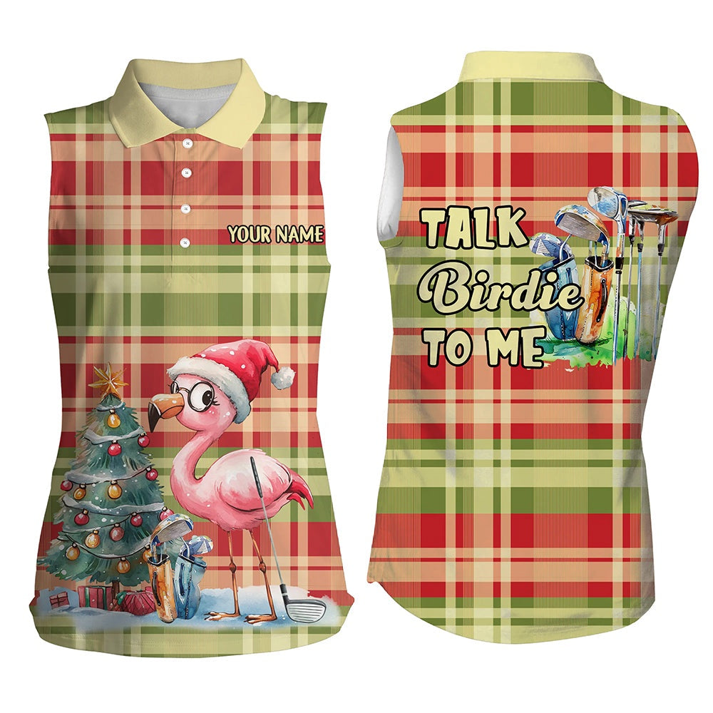 Womens Sleeveless Polos Custom Funny Flamingo Plaid Pattern Christmas Golf Shirts Talk Birdie To Me, Women Golf Shirts