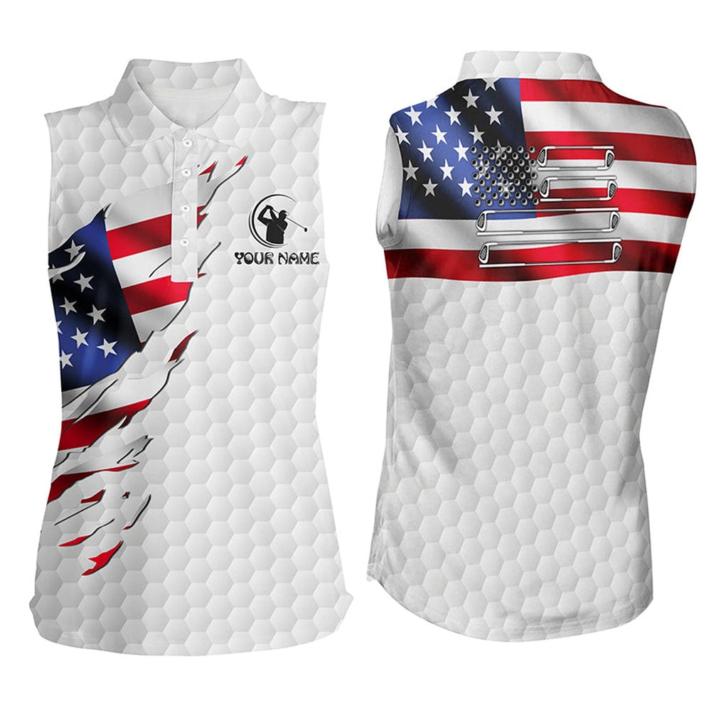 Womens Sleeveless Polos Shirt Custom American Flag White Golf Ball Skin Patriotic Golf Shirt, Women Golf Shirts