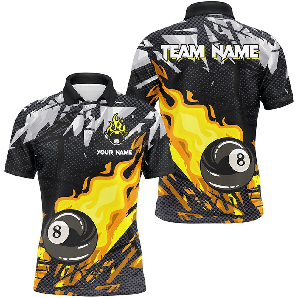 Yellow 8 Ball Fire Flame Grunge Pattern Custom Billiard Shirts, 8 Ball Pool Polo Outfit, Billiard Team Polo Shirts