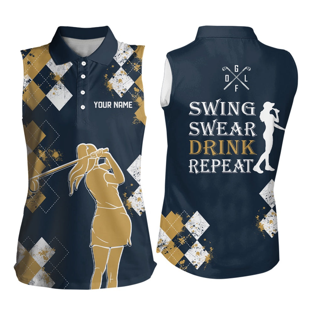 Yellow Agryle Pattern Women Sleeveless Polo Shirt Custom Swing Swear Drink Repeat Vintage Ladies Golf, Women Golf Shirts