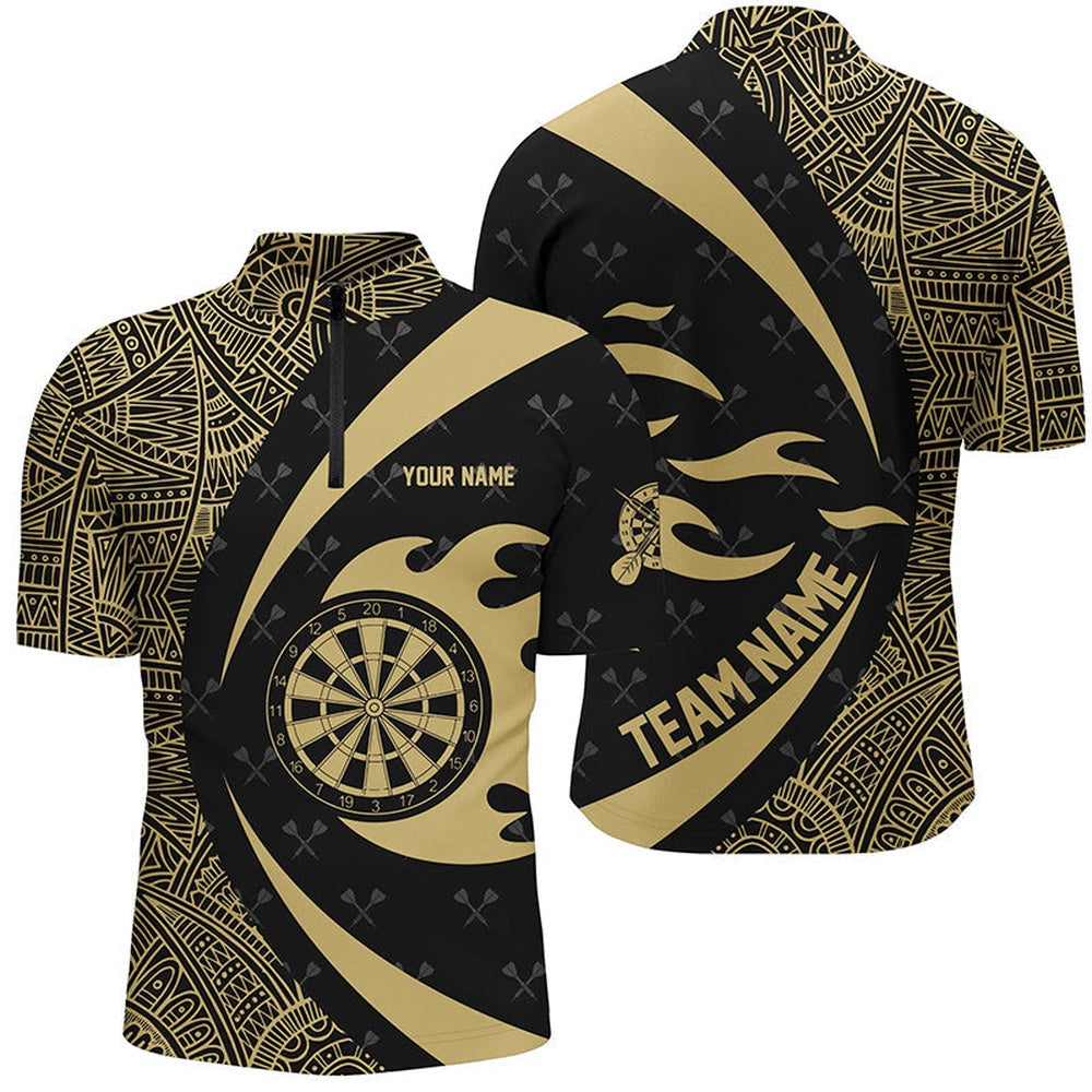 Yellow And Black Tribal Pattern Darts Men Jerseys Shirt Custom Name Darts Team Jersey, Darts Team Jersey Shirt