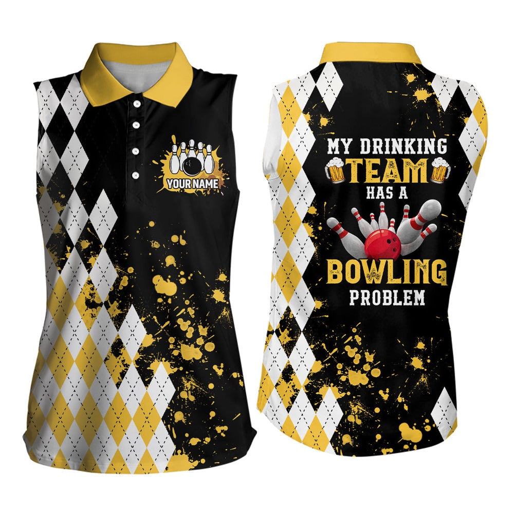 Yellow Argyle Pattern Retro Bowling Sleeveless Polo Shirt Custom My Drinking Team Has Bowling Problem, Women Bowling Shirts