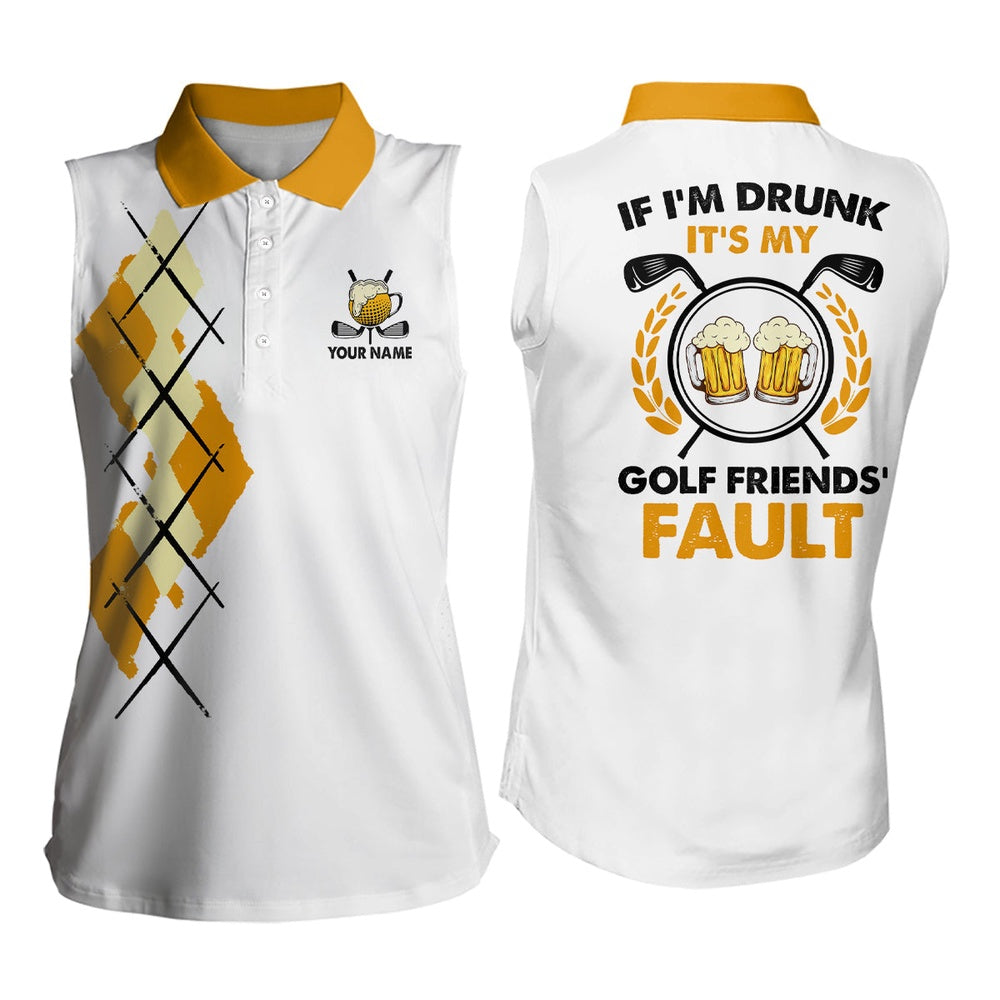 Yellow Argyle Womens Sleeveless Golf Polo Shirt Customized Beer Golf Tops Funny Golf Shirts, Women Golf Shirts