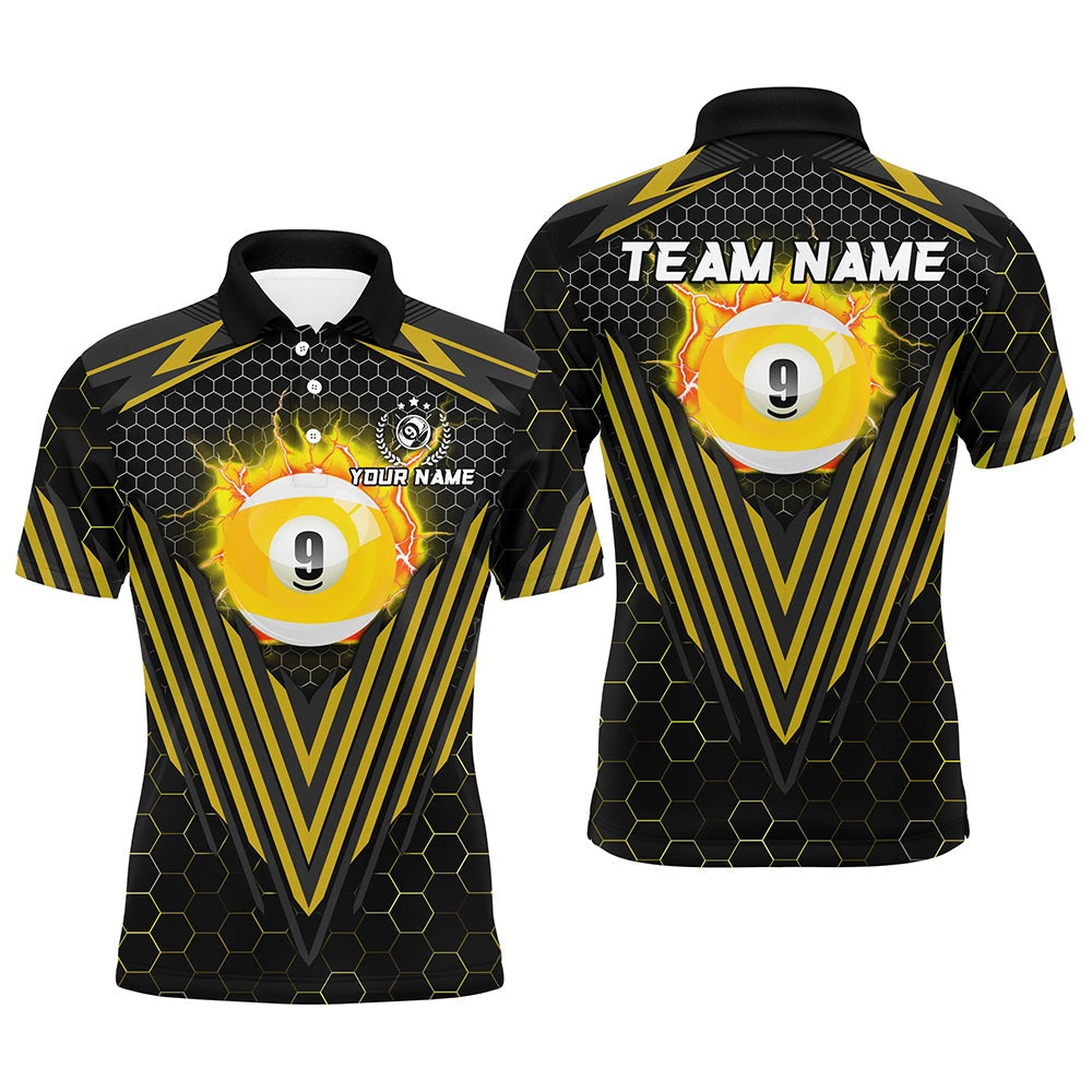 Yellow Billiard Ball 9 Polo Shirts Custom Team Name 9 Ball Pool Polo, Billiard Team Polo Shirts