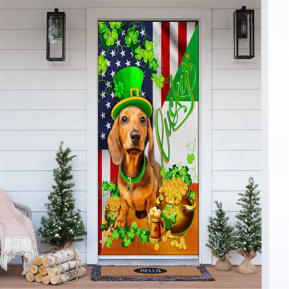 Yellow Dachshund Happy Door Cover, Patricks Day Home Door, Patrick Day Home Decor