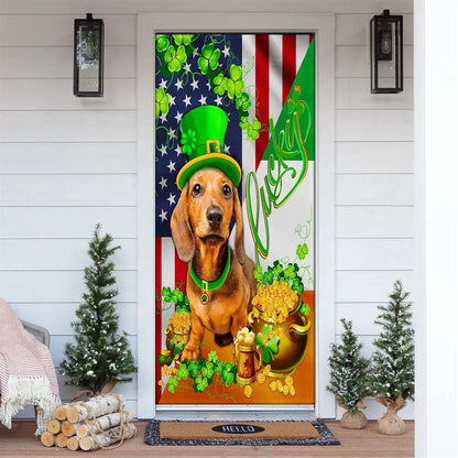 Yellow Dachshund Happy Door Cover, Patricks Day Home Door, Patrick Day Home Decor