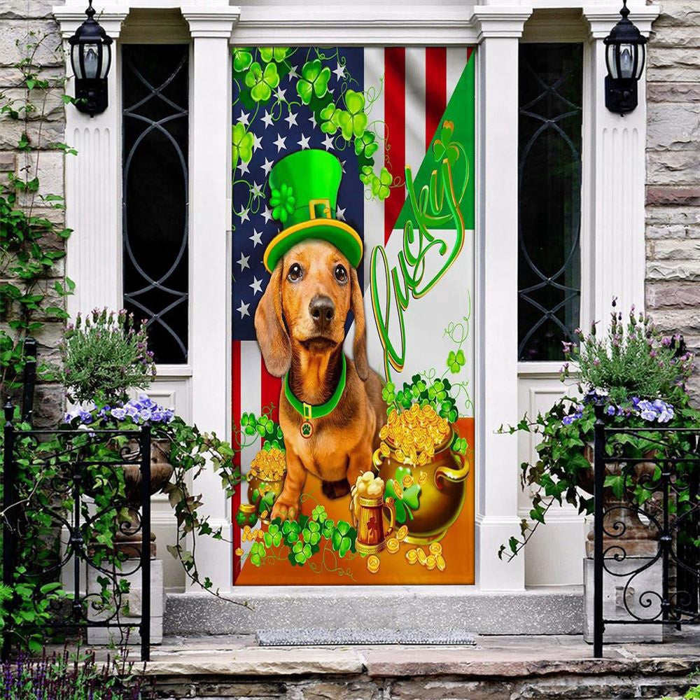 Yellow Dachshund Happy Door Cover, Patricks Day Home Door, Patrick Day Home Decor