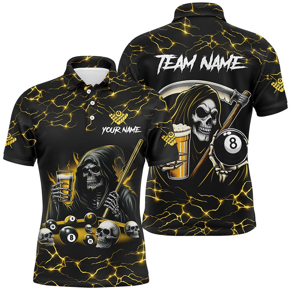 Yellow Funny Death Skeleton & Beer Billiard Shirts Custom 8 Ball Lightning Billiard Polo, Billiard Team Polo Shirts