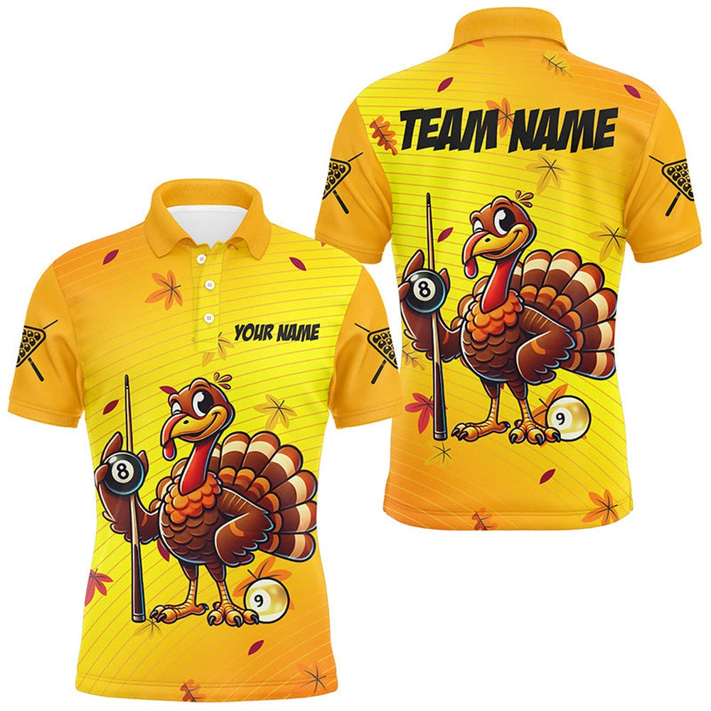 Yellow Funny Turkey Billiard Shirts Custom Thanksgiving Shirt For Pool Lover, Billiard Polo, Billiard Team Polo Shirts