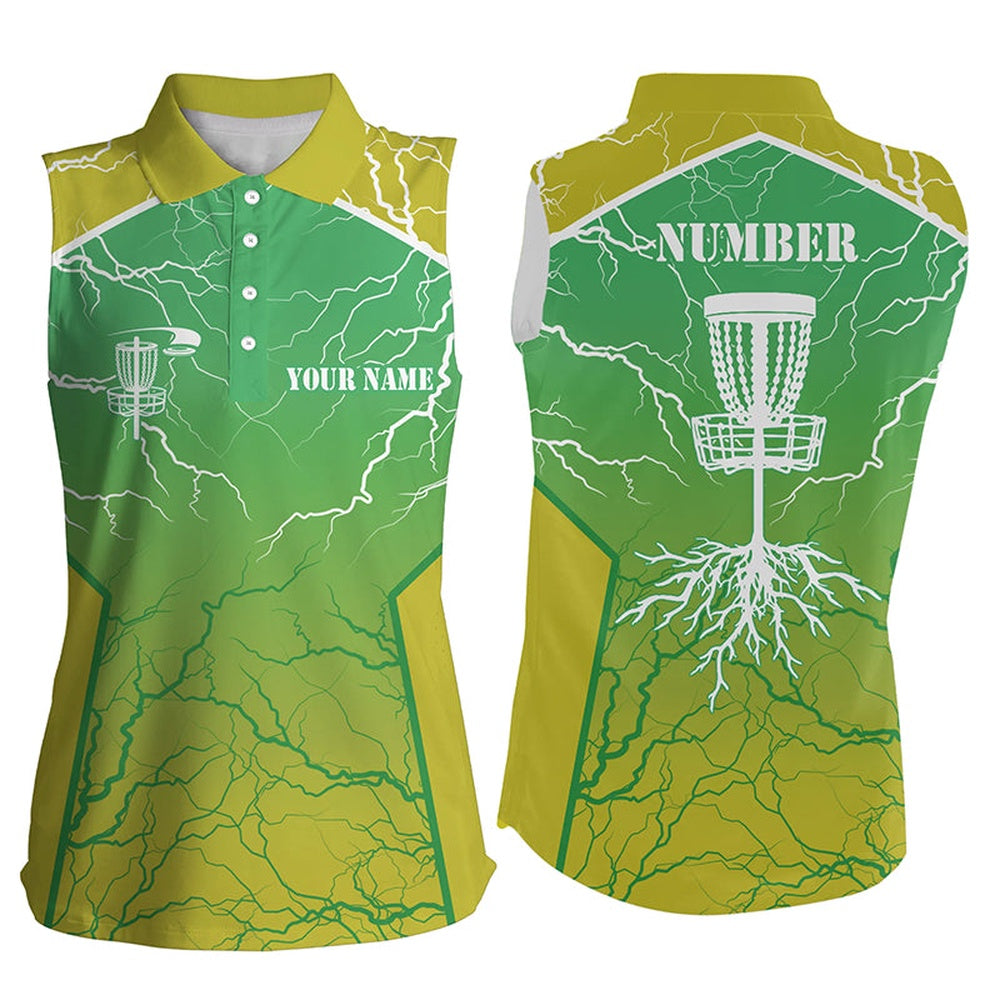 Yellow Green Women Sleeveless Polo Shirt Lightning Thunder Custom Disc Golf Jersey, Frisbee Golf Shirt, Women Golf Shirts