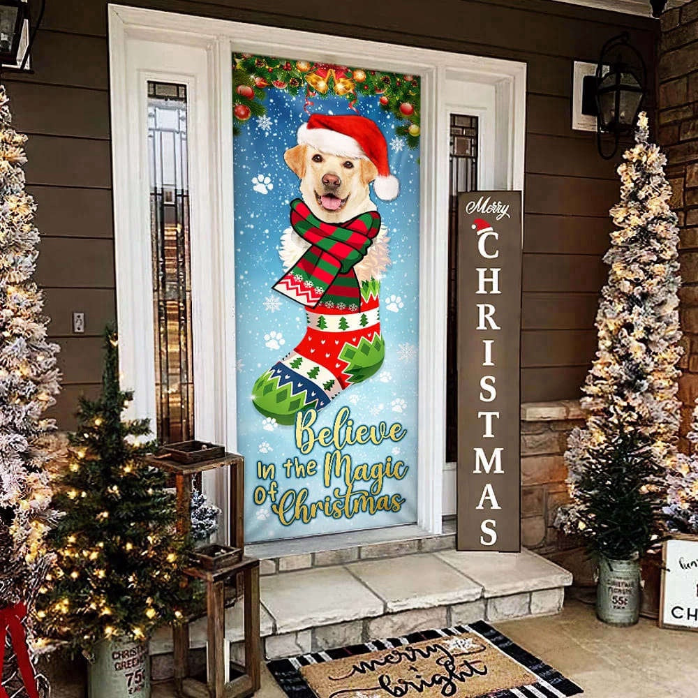 Yellow Lab In Sock Door Cover Believe In The Magic Of Christmas Labrador Retriever For Christmas, Christmas Gift Decor
