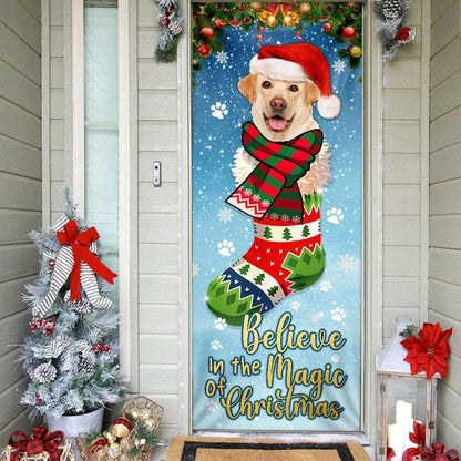 Yellow Lab In Sock Door Cover Believe In The Magic Of Christmas Labrador Retriever For Christmas, Christmas Gift Decor