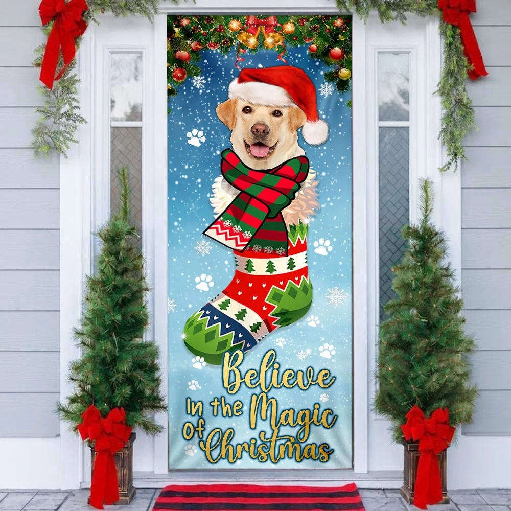 Yellow Lab In Sock Door Cover Believe In The Magic Of Christmas Labrador Retriever For Christmas, Christmas Gift Decor