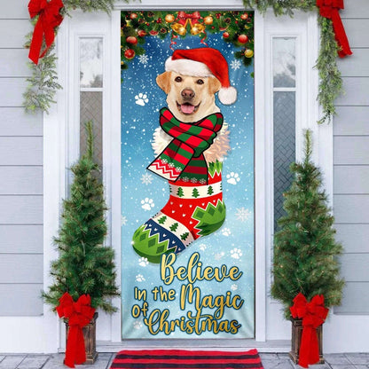 Yellow Lab In Sock Door Cover Believe In The Magic Of Christmas Labrador Retriever For Christmas, Christmas Gift Decor