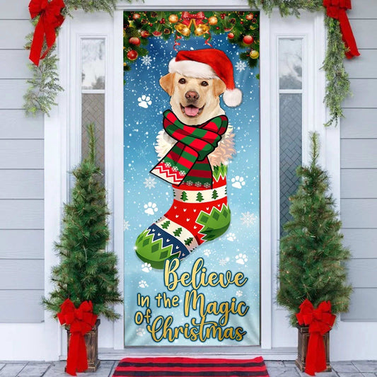 Yellow Lab In Sock Door Cover Believe In The Magic Of Christmas Labrador Retriever, Gifts For Dog Lovers, Christmas Gift Decor