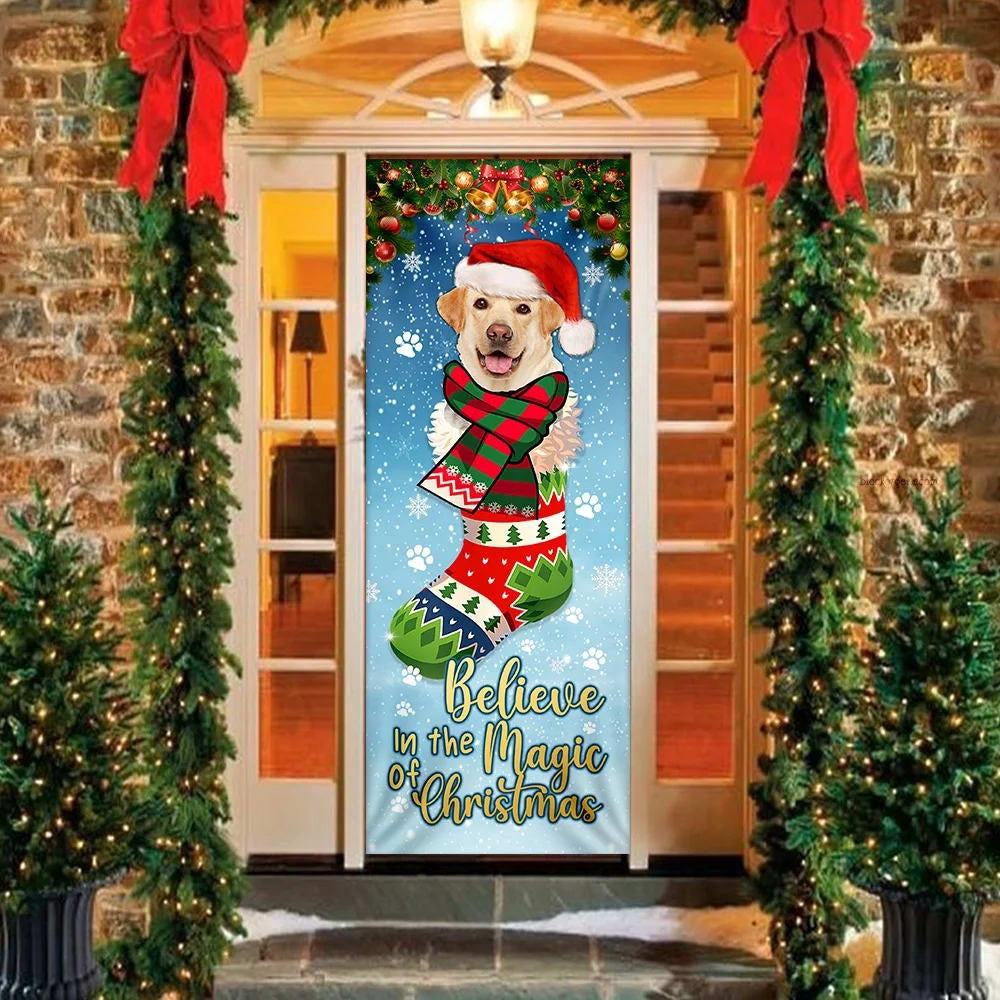 Yellow Lab In Sock Door Cover Believe In The Magic Of Christmas Labrador Retriever, Gifts For Dog Lovers, Christmas Gift Decor