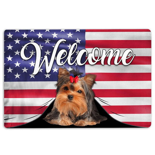 Yorkshire Terrier Welcome Doormat, Funny Yorkshire Terrier Dog Welcome American Flag USA Patriotic Welcome Doormat, Pets Home Decor Door Mat