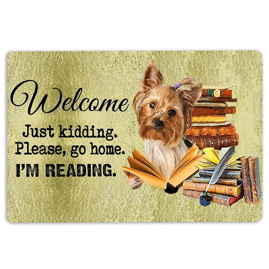 Yorkshire Terrier Welcome Doormat, Yorkshire Terrier Dog And Book Please Go Home I'm Reading Welcome Doormat, Pets Home Decor Door Mat