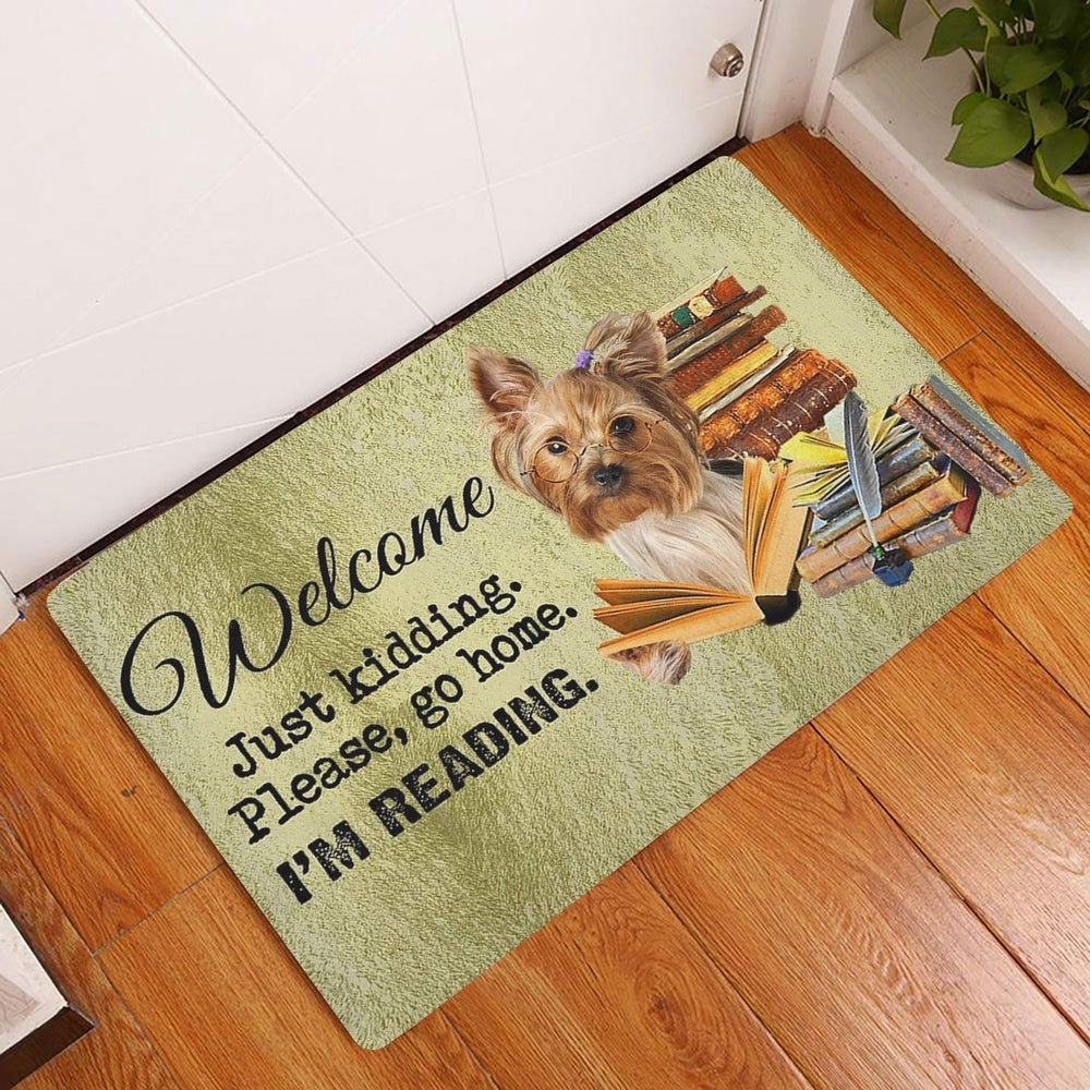 Yorkshire Terrier Welcome Doormat, Yorkshire Terrier Dog And Book Please Go Home I'm Reading Welcome Doormat, Pets Home Decor Door Mat